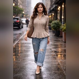 Antonio Melani Merino Wool Cashmere Blend Cable Knit Peplum Zip-Up Cardigan